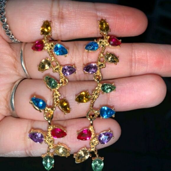 Colorful Multi-Color Rainbow Rhinestone Dangling Drop Earrings - Picture 3 of 4